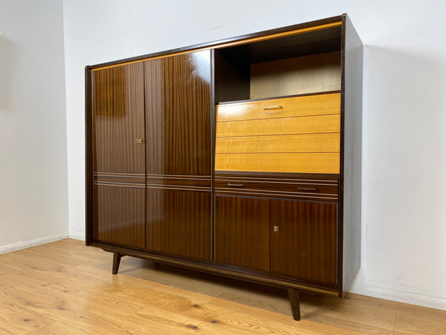 WMK I Stilvoller und geräumiger dunkler Mid-Century Wohnzimmerschrank mit Bar Fach