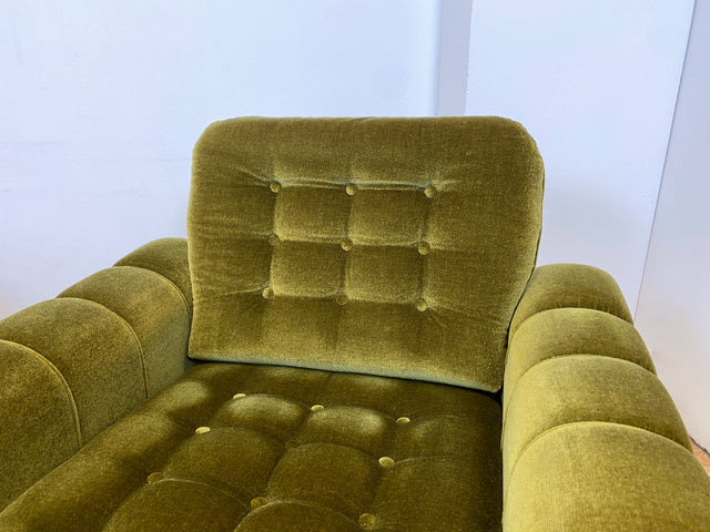 WMK I Sehr schöner und äußerst gemütlicher Vintage Sessel mit grandiosem gestepptem grünem Samtbezug & Fransen I Lesesessel Armchair Sitzgarnitur Polstergarnitur Samt Retro I Berlin Augsburg Duisburg