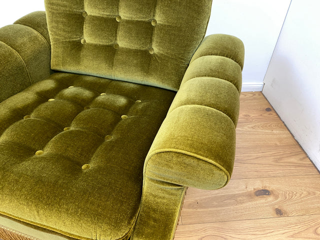WMK I Sehr schöner und äußerst gemütlicher Vintage Sessel mit grandiosem gestepptem grünem Samtbezug & Fransen I Lesesessel Armchair Sitzgarnitur Polstergarnitur Samt Retro I Berlin Augsburg Duisburg