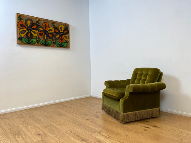 WMK I Sehr schöner und äußerst gemütlicher Vintage Sessel mit grandiosem gestepptem grünem Samtbezug & Fransen I Lesesessel Armchair Sitzgarnitur Polstergarnitur Samt Retro I Berlin Augsburg Duisburg