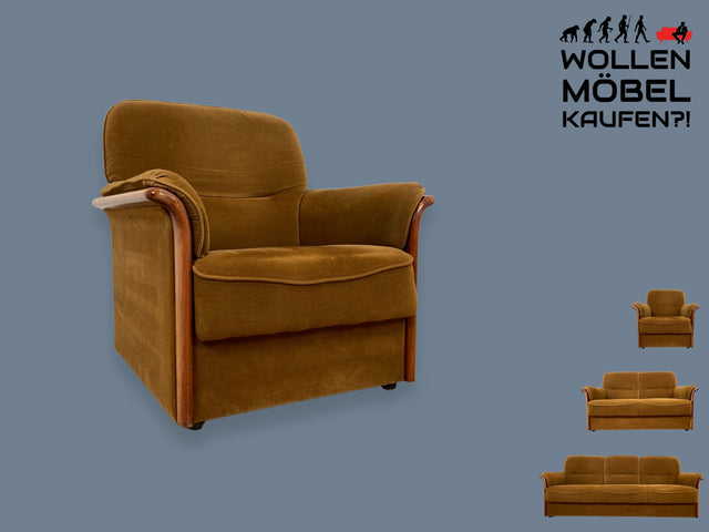 WMK I Versand 85€ I Schöner und sehr gemütlicher Vintage Sessel mit stilvollem Holzrahmen & honigbraunem Bezug I Lesesessel Armchair Sitzgarnitur 3-2-1 Mid-Century 60er 70er I Berlin Zossen Dusiburg