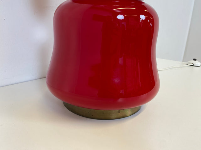WMK # Seltene & gut erhaltene große Space Age Bodenlampe mit beleuchtetem Lampenfuß aus rotem Glas & orig. Lampenschirm # Tischlampe Bodenleuchte Stehlampe Designer Lampe Lamp 70er Lava Retro Vintage