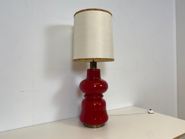 WMK # Seltene & gut erhaltene große Space Age Bodenlampe mit beleuchtetem Lampenfuß aus rotem Glas & orig. Lampenschirm # Tischlampe Bodenleuchte Stehlampe Designer Lampe Lamp 70er Lava Retro Vintage