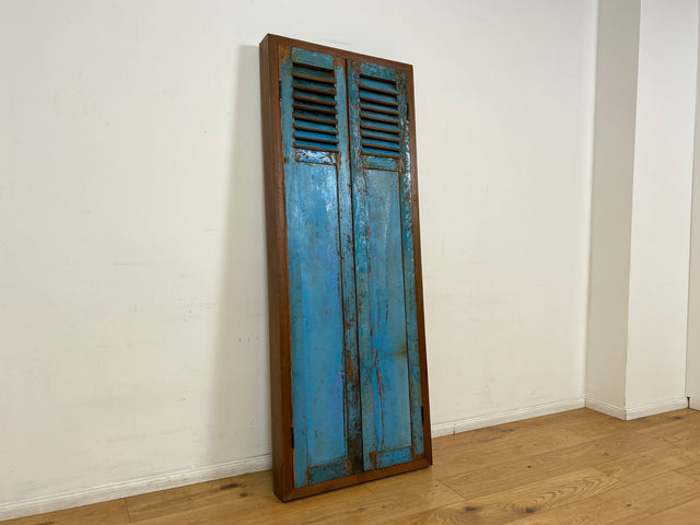 Boatwood by WMK I Einzigartiger großer Wandspiegel aus altem Bootsholz mit Fensterläden in Blau I handgefertigtes Unikat I Teakholz massiv I Ganzkörper Spiegel Stand Mirror Flur Tür Lamellen Garderobe