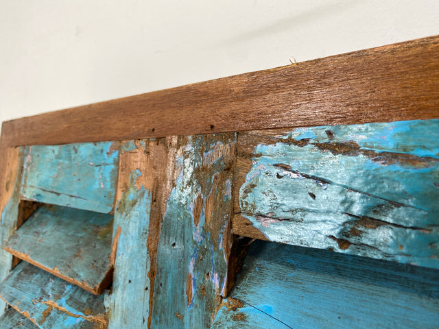Boatwood by WMK I Einzigartiger großer Wandspiegel aus altem Bootsholz mit Fensterläden in Blau I handgefertigtes Unikat I Teakholz massiv I Ganzkörper Spiegel Stand Mirror Flur Tür Lamellen Garderobe