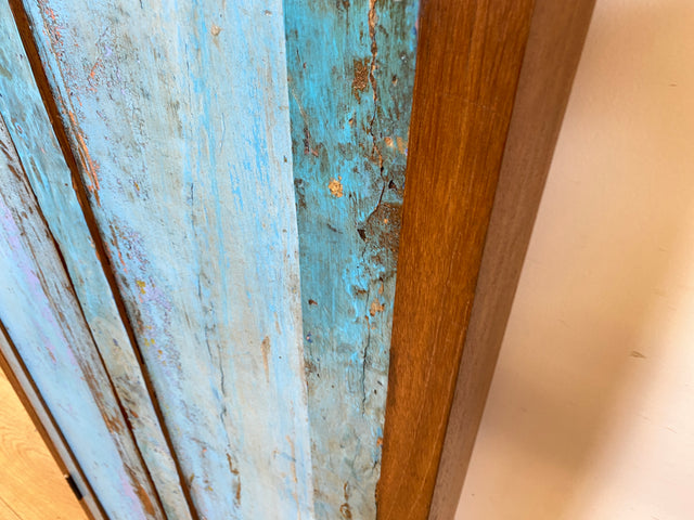 Boatwood by WMK I Einzigartiger großer Wandspiegel aus altem Bootsholz mit Fensterläden in Blau I handgefertigtes Unikat I Teakholz massiv I Ganzkörper Spiegel Stand Mirror Flur Tür Lamellen Garderobe