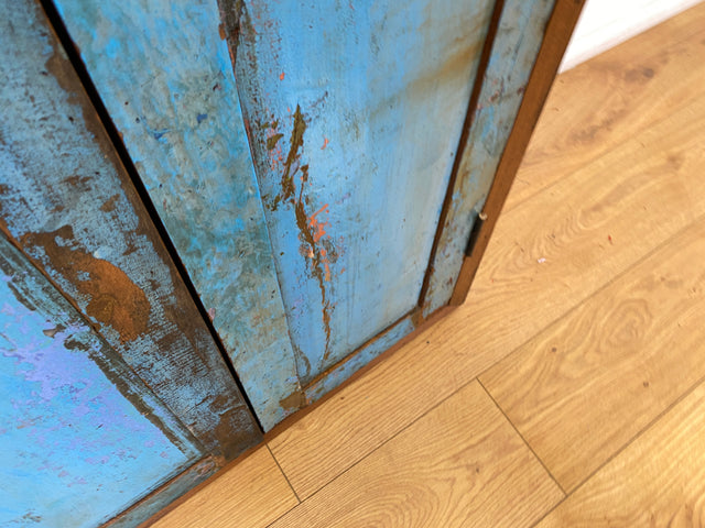 Boatwood by WMK I Einzigartiger großer Wandspiegel aus altem Bootsholz mit Fensterläden in Blau I handgefertigtes Unikat I Teakholz massiv I Ganzkörper Spiegel Stand Mirror Flur Tür Lamellen Garderobe