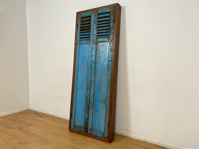 Boatwood by WMK I Einzigartiger großer Wandspiegel aus altem Bootsholz mit Fensterläden in Blau I handgefertigtes Unikat I Teakholz massiv I Ganzkörper Spiegel Stand Mirror Flur Tür Lamellen Garderobe