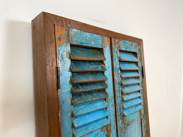 Boatwood by WMK I Einzigartiger großer Wandspiegel aus altem Bootsholz mit Fensterläden in Blau I handgefertigtes Unikat I Teakholz massiv I Ganzkörper Spiegel Stand Mirror Flur Tür Lamellen Garderobe