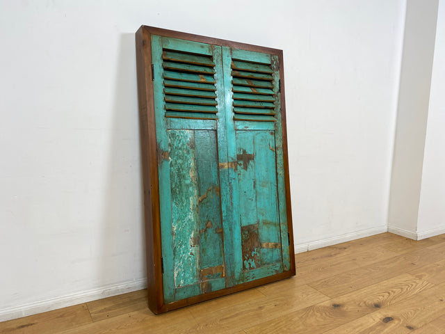 Boatwood by WMK I Einzigartiger großer Wandspiegel aus altem Bootsholz mit Fensterläden in Grün I handgefertigtes Unikat I Teakholz massiv I Ganzkörper Spiegel Stand Mirror Flur Tür Garderobe Lamellen