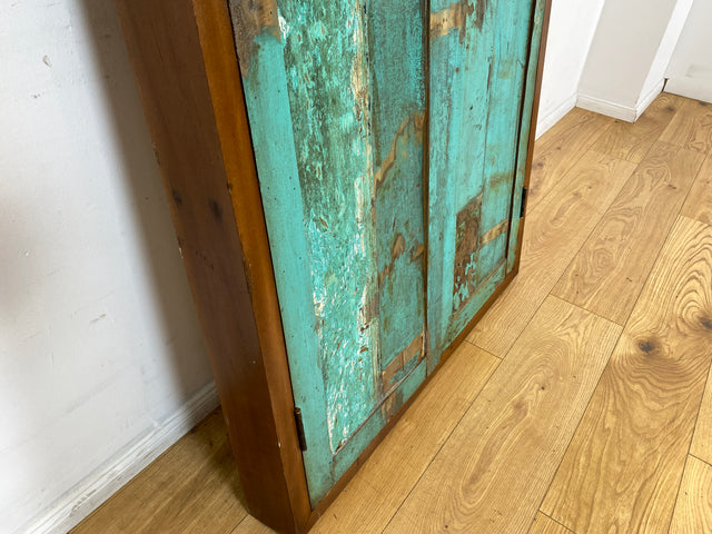 Boatwood by WMK I Einzigartiger großer Wandspiegel aus altem Bootsholz mit Fensterläden in Grün I handgefertigtes Unikat I Teakholz massiv I Ganzkörper Spiegel Stand Mirror Flur Tür Garderobe Lamellen