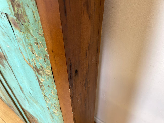 Boatwood by WMK I Einzigartiger großer Wandspiegel aus altem Bootsholz mit Fensterläden in Grün I handgefertigtes Unikat I Teakholz massiv I Ganzkörper Spiegel Stand Mirror Flur Tür Garderobe Lamellen