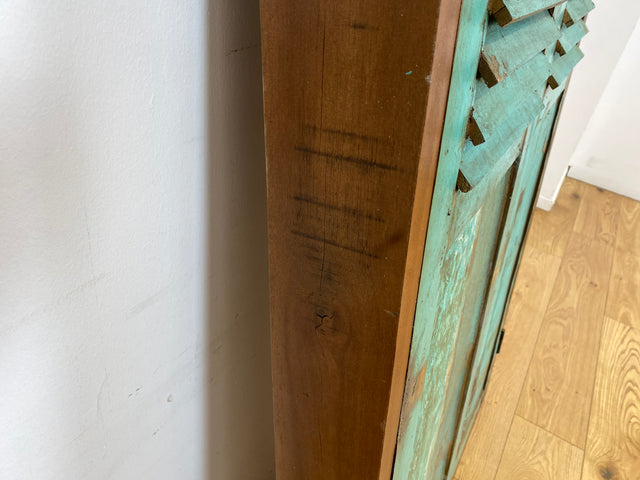 Boatwood by WMK I Einzigartiger großer Wandspiegel aus altem Bootsholz mit Fensterläden in Grün I handgefertigtes Unikat I Teakholz massiv I Ganzkörper Spiegel Stand Mirror Flur Tür Garderobe Lamellen