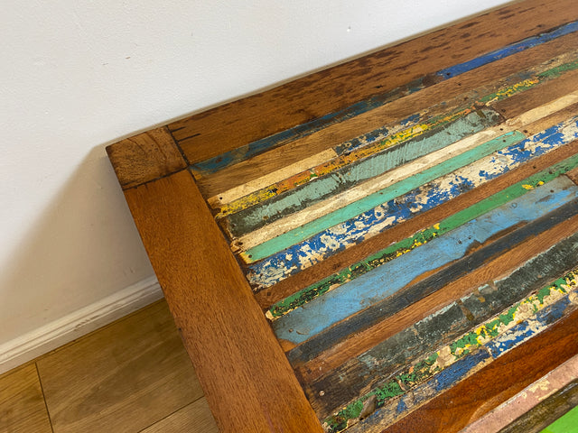 Boatwood by WMK I Einzigartiger großer Couchtisch mit bunter Patchwork Tischplatte I handgefertigtes Unikat aus altem Bootsholz l Teakholz massiv I Wohnzimmertisch Coffee Table Berlin Köln NRW Bayern