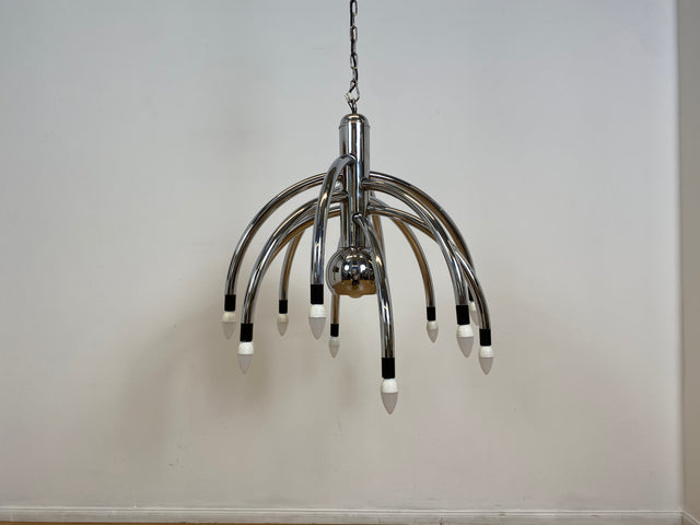 WMK # Stilvoller & gut erhaltener großer italienischer Space Age Designer Kronleuchter von Goffredo Reggiani aus Chrom, 13-flammig # Lampe Pendelleuchte Hängelampe Deckenlampe Luster Lamp Vintage 70er