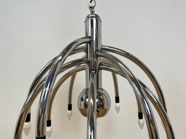WMK # Stilvoller & gut erhaltener großer italienischer Space Age Designer Kronleuchter von Goffredo Reggiani aus Chrom, 13-flammig # Lampe Pendelleuchte Hängelampe Deckenlampe Luster Lamp Vintage 70er