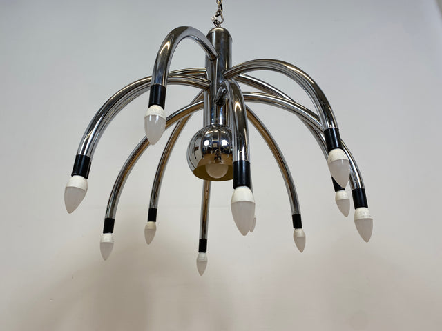 WMK # Stilvoller & gut erhaltener großer italienischer Space Age Designer Kronleuchter von Goffredo Reggiani aus Chrom, 13-flammig # Lampe Pendelleuchte Hängelampe Deckenlampe Luster Lamp Vintage 70er