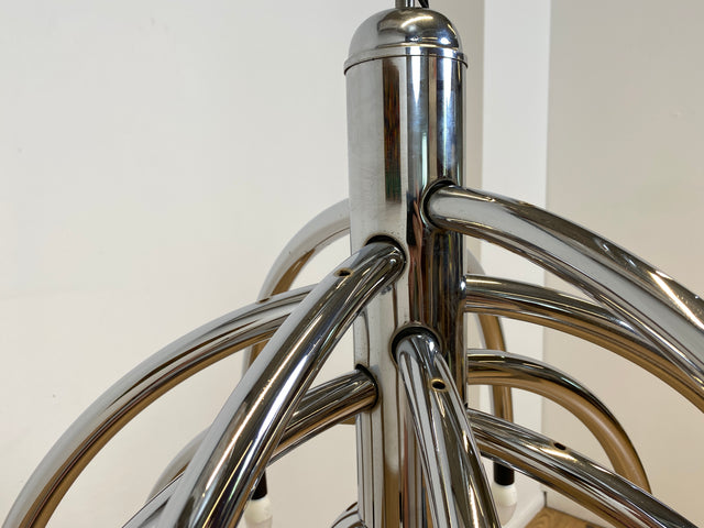 WMK # Stilvoller & gut erhaltener großer italienischer Space Age Designer Kronleuchter von Goffredo Reggiani aus Chrom, 13-flammig # Lampe Pendelleuchte Hängelampe Deckenlampe Luster Lamp Vintage 70er