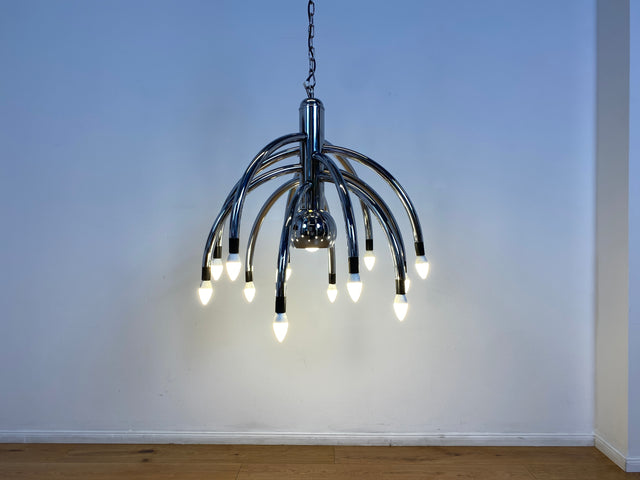 WMK # Stilvoller & gut erhaltener großer italienischer Space Age Designer Kronleuchter von Goffredo Reggiani aus Chrom, 13-flammig # Lampe Pendelleuchte Hängelampe Deckenlampe Luster Lamp Vintage 70er