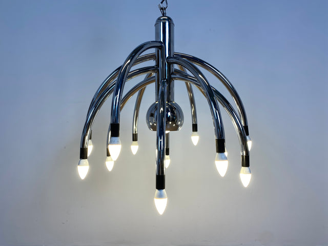 WMK # Stilvoller & gut erhaltener großer italienischer Space Age Designer Kronleuchter von Goffredo Reggiani aus Chrom, 13-flammig # Lampe Pendelleuchte Hängelampe Deckenlampe Luster Lamp Vintage 70er