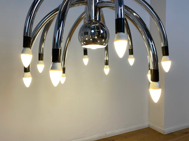 WMK # Stilvoller & gut erhaltener großer italienischer Space Age Designer Kronleuchter von Goffredo Reggiani aus Chrom, 13-flammig # Lampe Pendelleuchte Hängelampe Deckenlampe Luster Lamp Vintage 70er