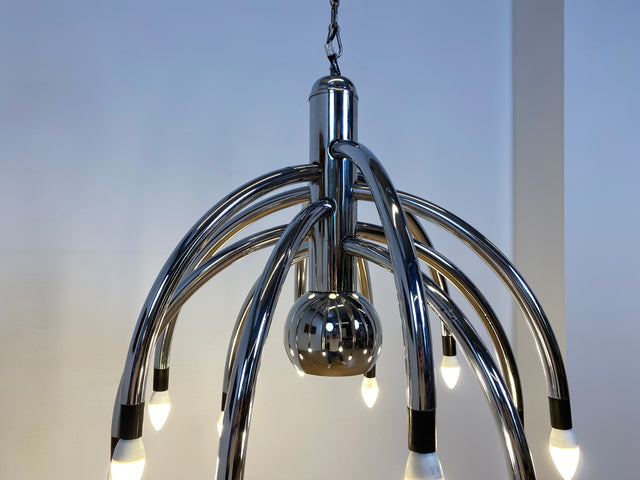WMK # Stilvoller & gut erhaltener großer italienischer Space Age Designer Kronleuchter von Goffredo Reggiani aus Chrom, 13-flammig # Lampe Pendelleuchte Hängelampe Deckenlampe Luster Lamp Vintage 70er