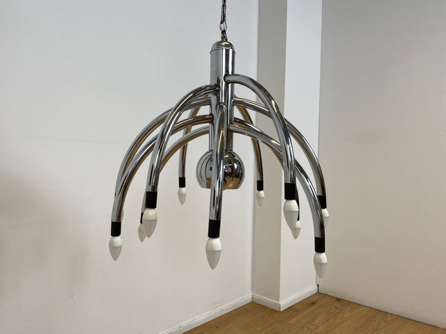 WMK # Stilvoller & gut erhaltener großer italienischer Space Age Designer Kronleuchter von Goffredo Reggiani aus Chrom, 13-flammig # Lampe Pendelleuchte Hängelampe Deckenlampe Luster Lamp Vintage 70er