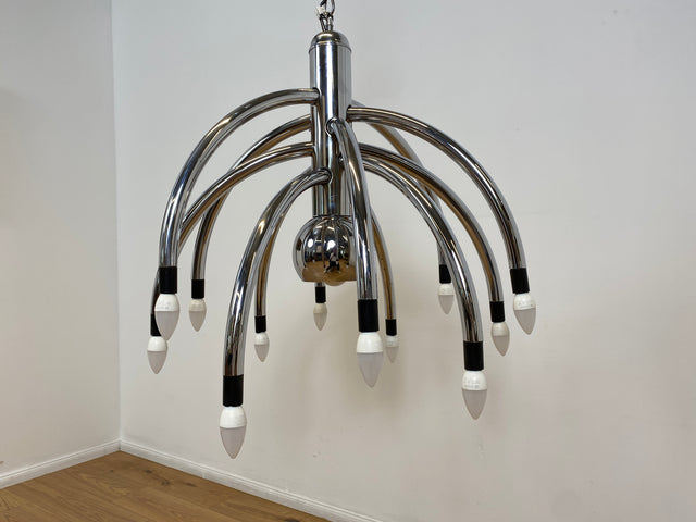 WMK # Stilvoller & gut erhaltener großer italienischer Space Age Designer Kronleuchter von Goffredo Reggiani aus Chrom, 13-flammig # Lampe Pendelleuchte Hängelampe Deckenlampe Luster Lamp Vintage 70er