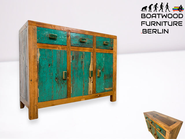 Boatwood by WMK I Besonders schönes grünes Sideboard handgefertigt aus altem Bootsholz I Teakholz massiv I Schrank Kommode Anrichte Büfett Buffet Wäschekommode Fernsehkommode Berlin Bremen Hessen
