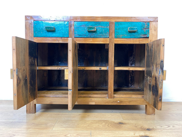 Boatwood by WMK I Besonders schönes grünes Sideboard handgefertigt aus altem Bootsholz I Teakholz massiv I Schrank Kommode Anrichte Büfett Buffet Wäschekommode Fernsehkommode Berlin Bremen Hessen