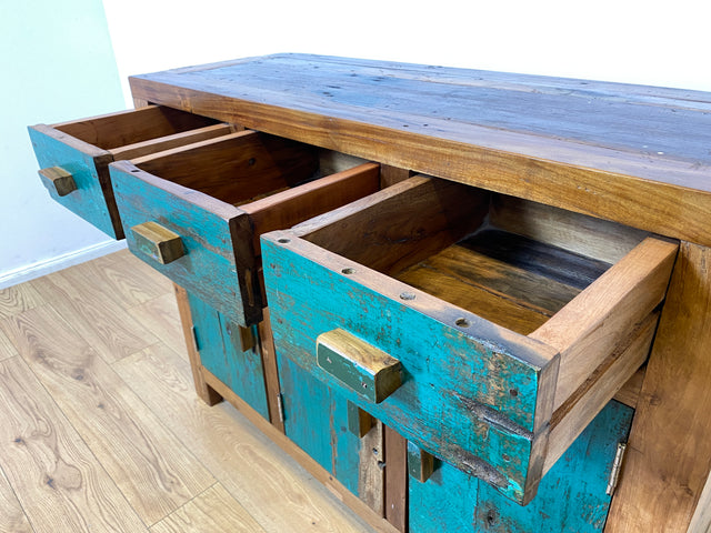 Boatwood by WMK I Besonders schönes grünes Sideboard handgefertigt aus altem Bootsholz I Teakholz massiv I Schrank Kommode Anrichte Büfett Buffet Wäschekommode Fernsehkommode Berlin Bremen Hessen