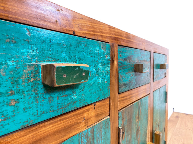 Boatwood by WMK I Besonders schönes grünes Sideboard handgefertigt aus altem Bootsholz I Teakholz massiv I Schrank Kommode Anrichte Büfett Buffet Wäschekommode Fernsehkommode Berlin Bremen Hessen