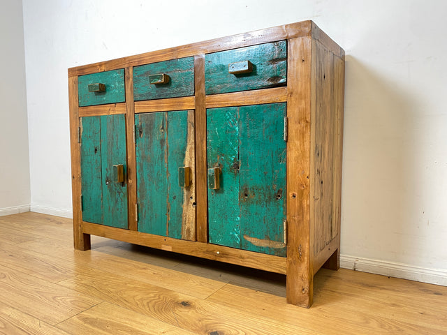 Boatwood by WMK I Besonders schönes grünes Sideboard handgefertigt aus altem Bootsholz I Teakholz massiv I Schrank Kommode Anrichte Büfett Buffet Wäschekommode Fernsehkommode Berlin Bremen Hessen