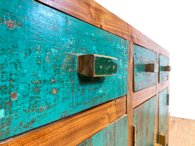 Boatwood by WMK I Besonders schönes grünes Sideboard handgefertigt aus altem Bootsholz I Teakholz massiv I Schrank Kommode Anrichte Büfett Buffet Wäschekommode Fernsehkommode Berlin Bremen Hessen