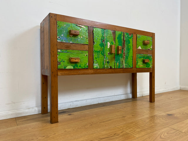 Boatwood by WMK # Einzigartiges grünes Sideboard mit Schubladen, ein aus altem Bootsholz handgefertigtes Unikat aus massivem Teakholz # Schrank Kommode Schubladenkommode Flurkommode Konsole Teak Köln