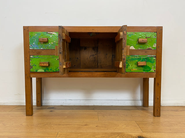 Boatwood by WMK # Einzigartiges grünes Sideboard mit Schubladen, ein aus altem Bootsholz handgefertigtes Unikat aus massivem Teakholz # Schrank Kommode Schubladenkommode Flurkommode Konsole Teak Köln