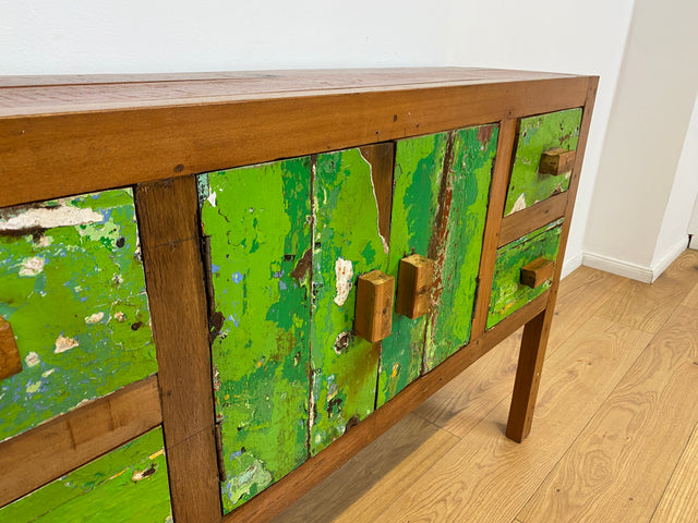 Boatwood by WMK # Einzigartiges grünes Sideboard mit Schubladen, ein aus altem Bootsholz handgefertigtes Unikat aus massivem Teakholz # Schrank Kommode Schubladenkommode Flurkommode Konsole Teak Köln