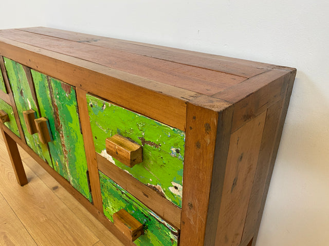 Boatwood by WMK # Einzigartiges grünes Sideboard mit Schubladen, ein aus altem Bootsholz handgefertigtes Unikat aus massivem Teakholz # Schrank Kommode Schubladenkommode Flurkommode Konsole Teak Köln