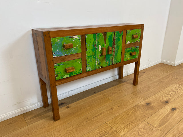 Boatwood by WMK # Einzigartiges grünes Sideboard mit Schubladen, ein aus altem Bootsholz handgefertigtes Unikat aus massivem Teakholz # Schrank Kommode Schubladenkommode Flurkommode Konsole Teak Köln
