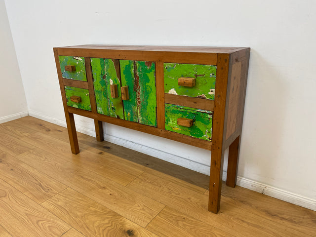 Boatwood by WMK # Einzigartiges grünes Sideboard mit Schubladen, ein aus altem Bootsholz handgefertigtes Unikat aus massivem Teakholz # Schrank Kommode Schubladenkommode Flurkommode Konsole Teak Köln
