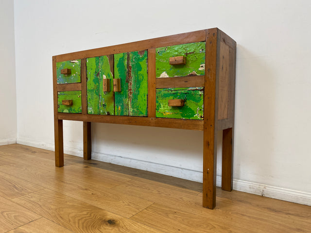 Boatwood by WMK # Einzigartiges grünes Sideboard mit Schubladen, ein aus altem Bootsholz handgefertigtes Unikat aus massivem Teakholz # Schrank Kommode Schubladenkommode Flurkommode Konsole Teak Köln