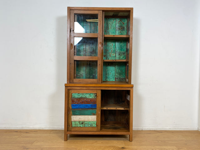 Boatwood by WMK I Einzigartige handgefertigte Vitrine aus altem Bootsholz mit Schiebetüren I Regal Büchervitrine Bücherregal Bücherschrank Highboard Geschirrschrank Küchenschrank Bremen Passau Köln