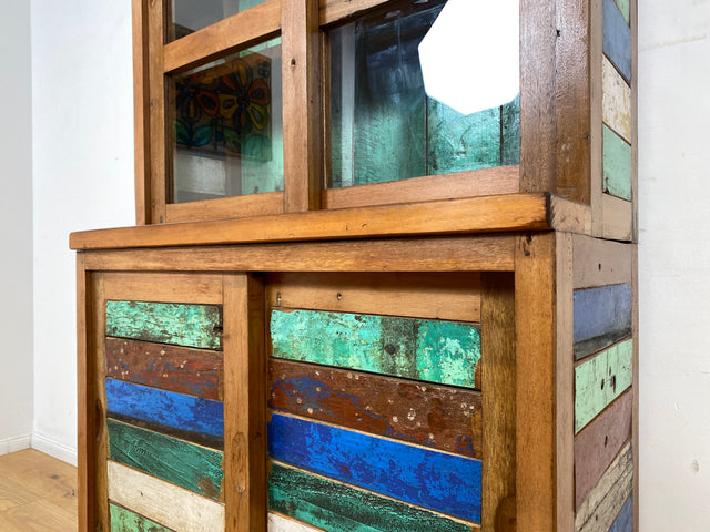 Boatwood by WMK I Einzigartige handgefertigte Vitrine aus altem Bootsholz mit Schiebetüren I Regal Büchervitrine Bücherregal Bücherschrank Highboard Geschirrschrank Küchenschrank Bremen Passau Köln