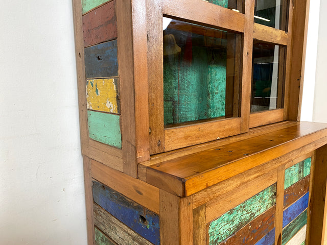 Boatwood by WMK I Einzigartige handgefertigte Vitrine aus altem Bootsholz mit Schiebetüren I Regal Büchervitrine Bücherregal Bücherschrank Highboard Geschirrschrank Küchenschrank Bremen Passau Köln