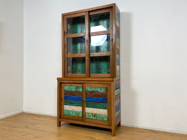 Boatwood by WMK I Einzigartige handgefertigte Vitrine aus altem Bootsholz mit Schiebetüren I Regal Büchervitrine Bücherregal Bücherschrank Highboard Geschirrschrank Küchenschrank Bremen Passau Köln