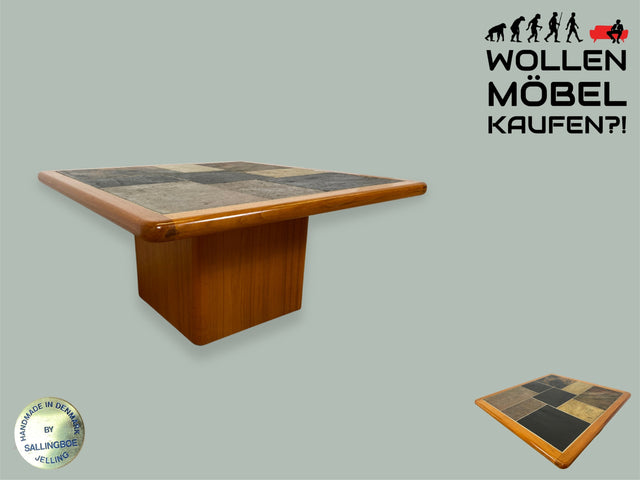 WMK I Seltener handgefertigter skandinavischer Designer Couchtisch I Sallingboe Jelling I Teakholz & Naturstein Fliesen I Wohnzimmertisch Coffee Table Danisch Design Vintage Teak Berlin München Köln
