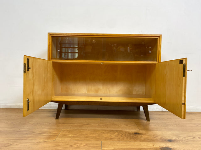 WMK I Sehr schöne helle Mid-Century Kommode mit Vitrine und konischen Füßen I Sideboard Wäschekommode TV Lowboard Bank Barkommode Chest Schrank Sideboard Vintage 50er 60er Frankfurt Magdeburg Potsdam