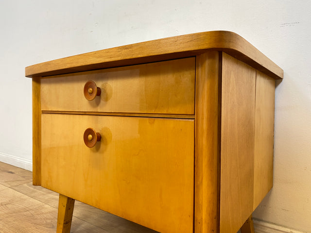 WMK I Formschöner heller Mid-Century Nachtisch mit Schublade, Klappe & Glasauflage I Nachtschrank Nachtkommode Nachtschränkchen Kommode Beistelltisch 50er 60er Retro Vintage Berlin Bremen Saarland