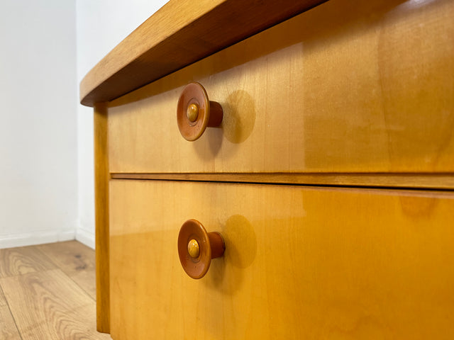 WMK I Formschöner heller Mid-Century Nachtisch mit Schublade, Klappe & Glasauflage I Nachtschrank Nachtkommode Nachtschränkchen Kommode Beistelltisch 50er 60er Retro Vintage Berlin Bremen Saarland