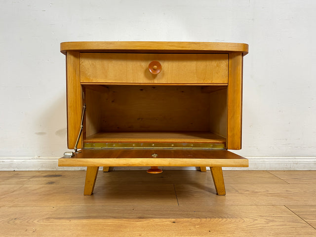 WMK I Formschöner heller Mid-Century Nachtisch mit Schublade, Klappe & Glasauflage I Nachtschrank Nachtkommode Nachtschränkchen Kommode Beistelltisch 50er 60er Retro Vintage Berlin Bremen Saarland